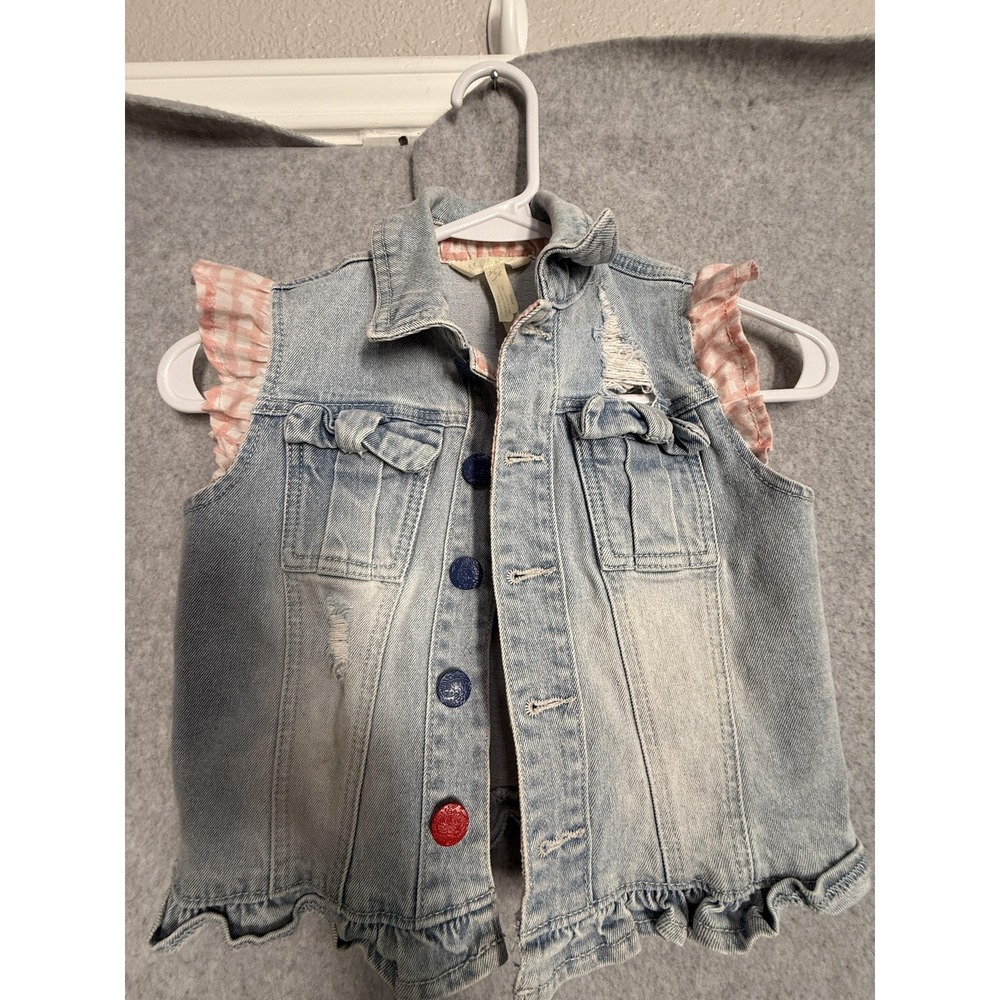 Matilda Jane Vest Girls 6 Blue Denim Button Front Bow Pocket Ruffle Hem Gingham